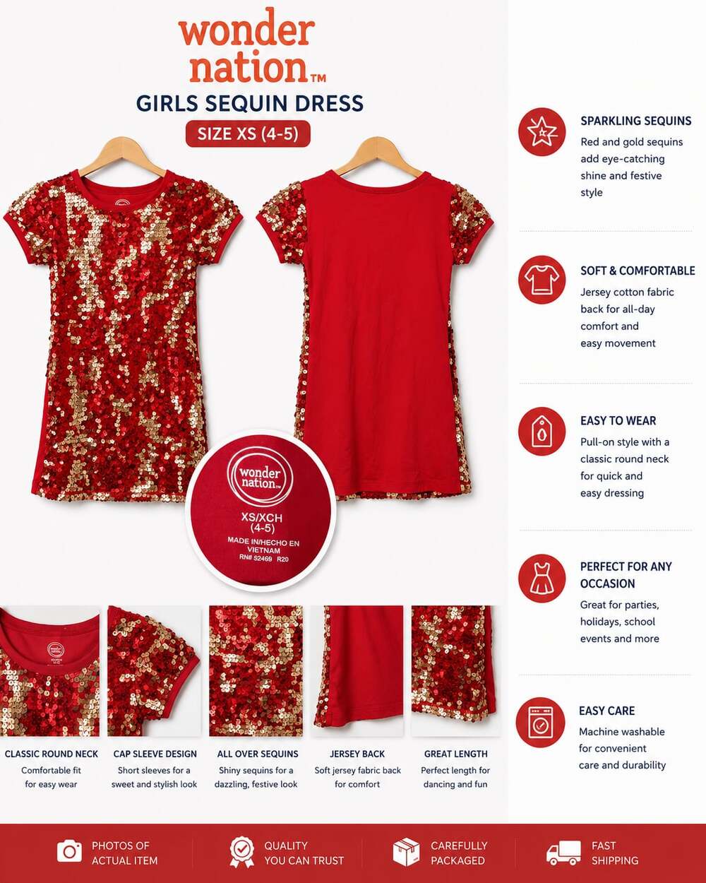 Wonder Nation Girls Red and Gold Sequin Shift Dress Size XS 4-5